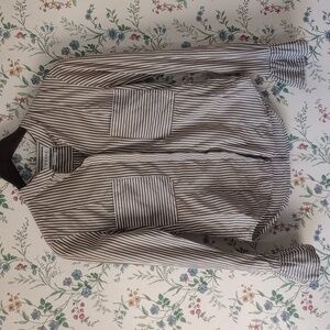 Frame Denim Long Sleeve Striped Top With Ruffled Cuffs And Pockets - Olive Green